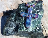 Beaded Necklace with Sculpted Glass Cross and Amber and Amethyst Beads