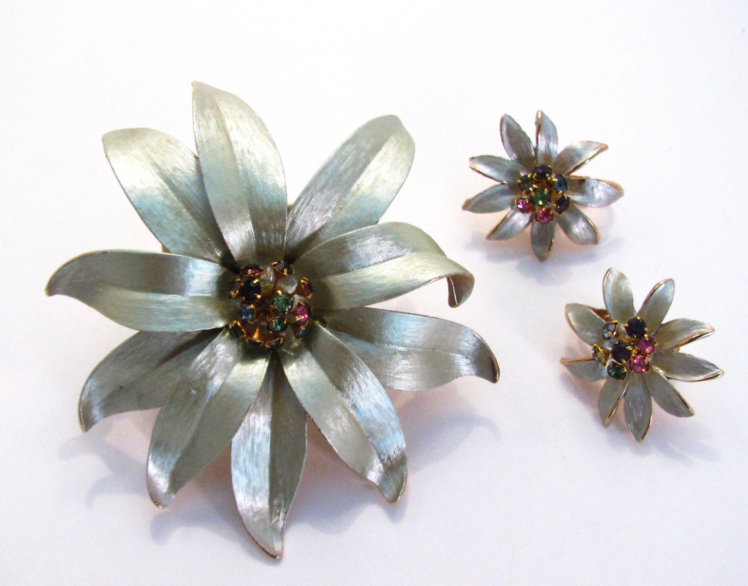 1960s Brooch - Silver Green Vintage Pin - Antique Brooch & Earrings