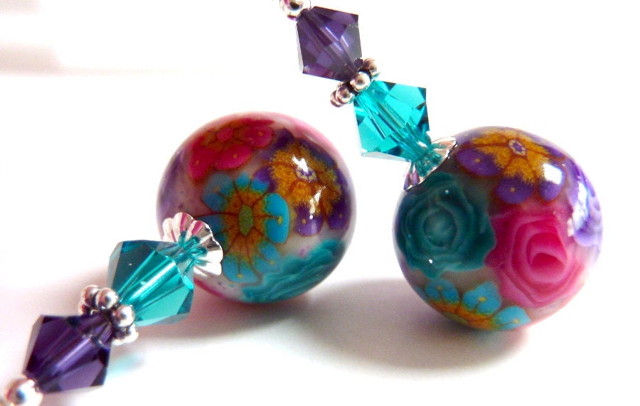 Purple Teal Flower Earrings, Fuchsia Gold Pink Floral Polymer Clay Dangle Earrings, Colorful Fun Spring Summer Earrings