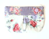 Pretty Pleated Zippered Pouch Small Spring Clutch Floral Roses Lavender Dusty Rose Pink Bridesmaid Gift