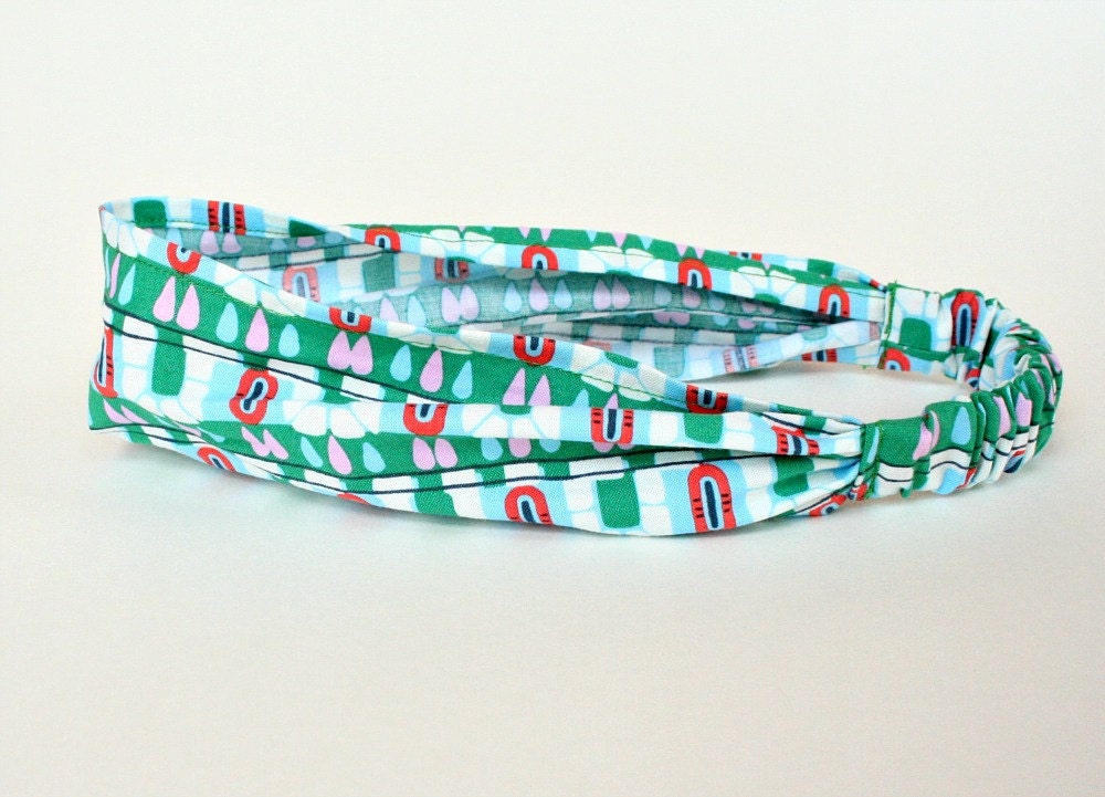 Amy Butler Boho Headband Elastic Scrunchy Gathered Green Orange Pink