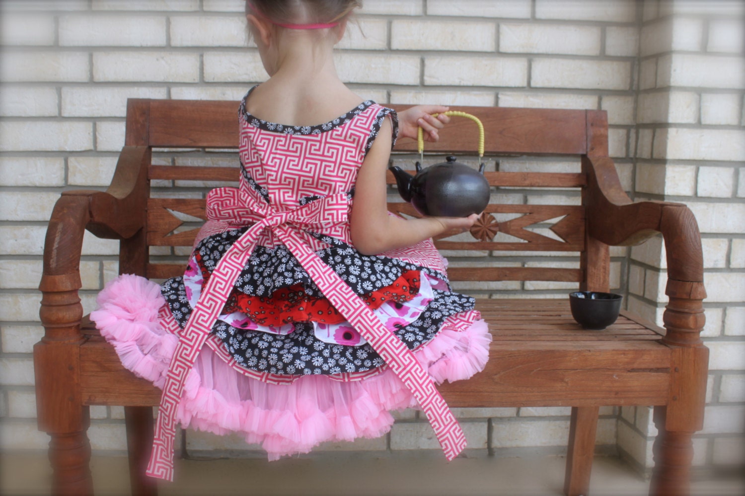 Girls Size  5T Ruffle Wrap Dress--Nouveau Asian Fusion with BONUS Kanzashi headband  Spring Summer