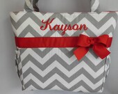New ....CHEVRON  in GRAY ..  ReD  Accents  ...   Diaper Bag .... TOTE .. Bottle Pockets ... Monogrammed  FReE