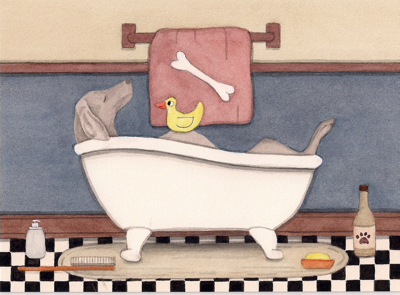 Weimaraner fills a tub at bath time / Lynch signed folk art print