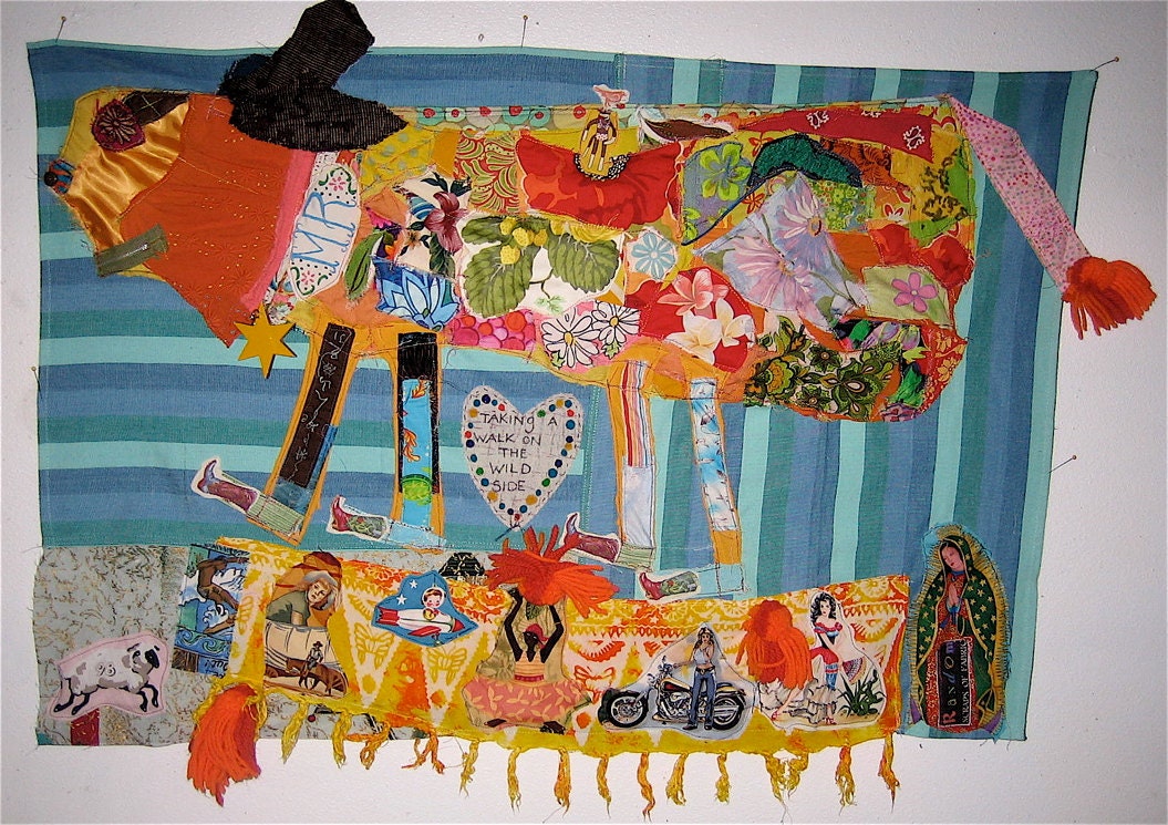 Big DOG  Lg Colorful Altered Fabric Folk ART