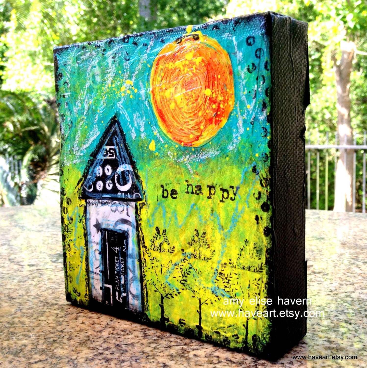 Be Happy mixed media original 6x6