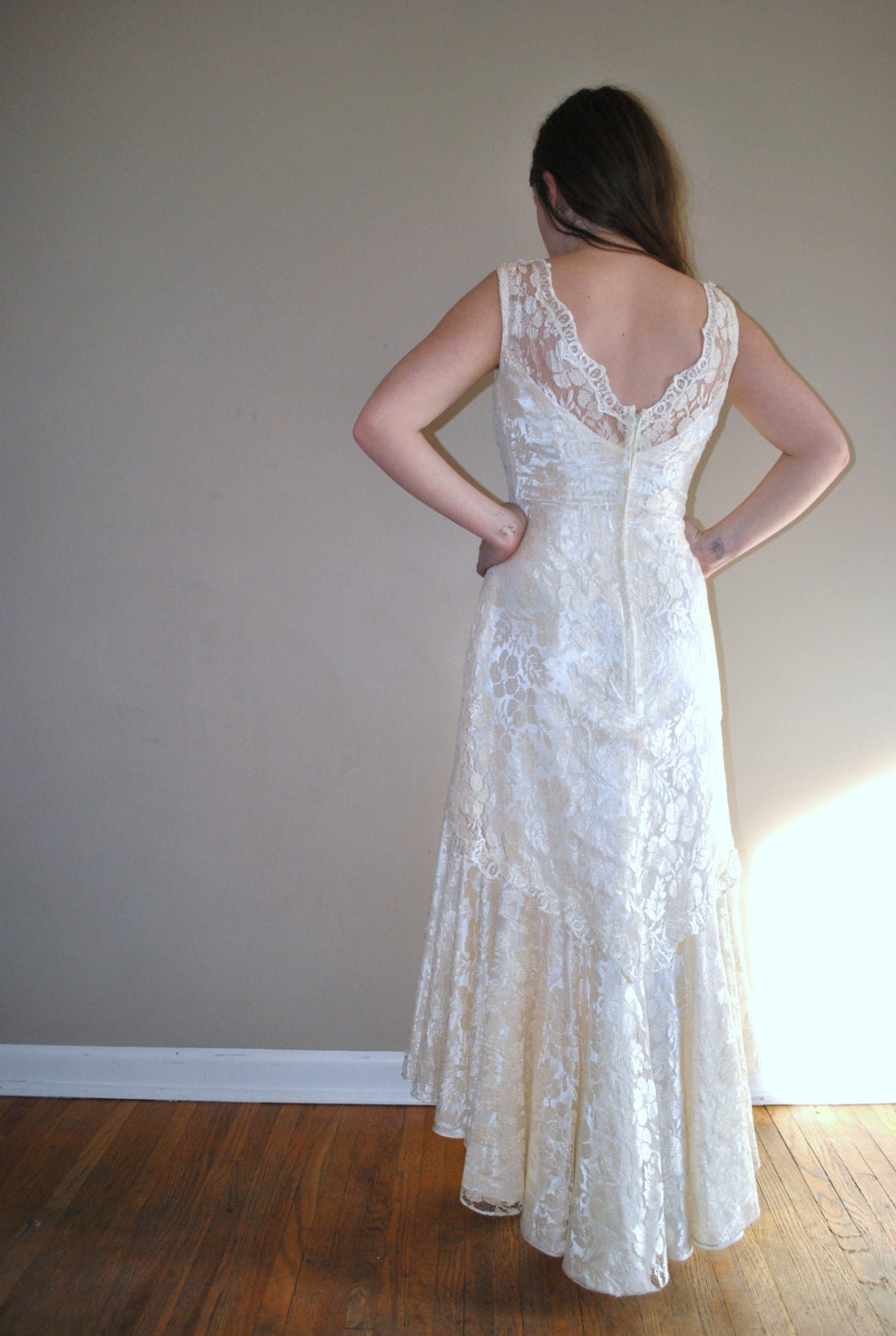 70s boho wedding dress // cream and ivory lace // vintage 1970s fishtail lace wedding gown