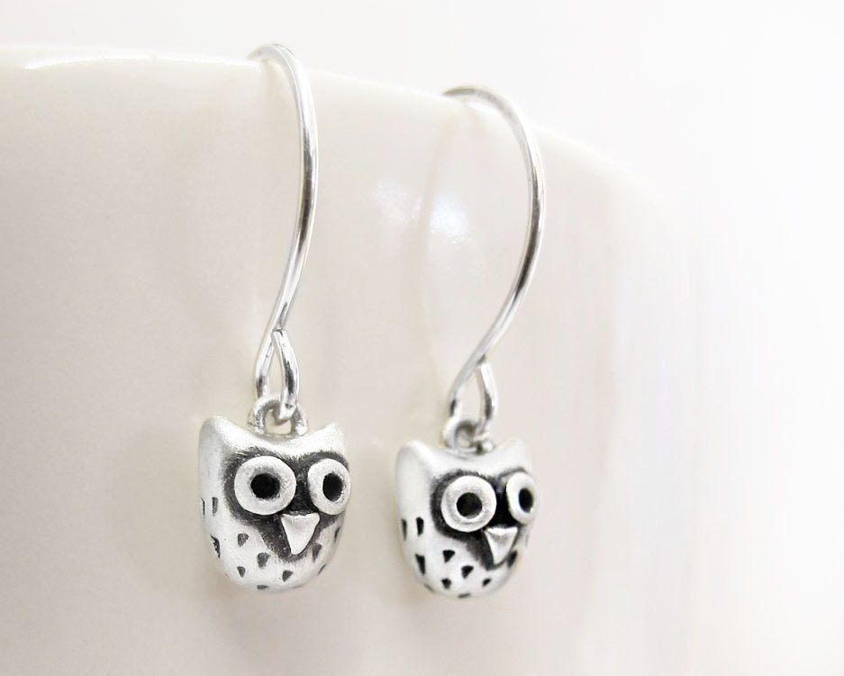 Very tiny owl earrings - sterling silver owl jewelry dangle drop woodland