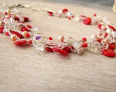 Crochet Necklace, Wrap Bracelet Bohemian jewelry, beach jewelry, boho chic, summer, coral, pearl, rich