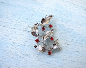Vintage Brooch Branch With Red Rhinestones