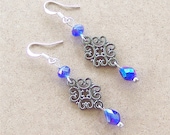 Victorian Filigree & Indigo Blue Crystal Earrings