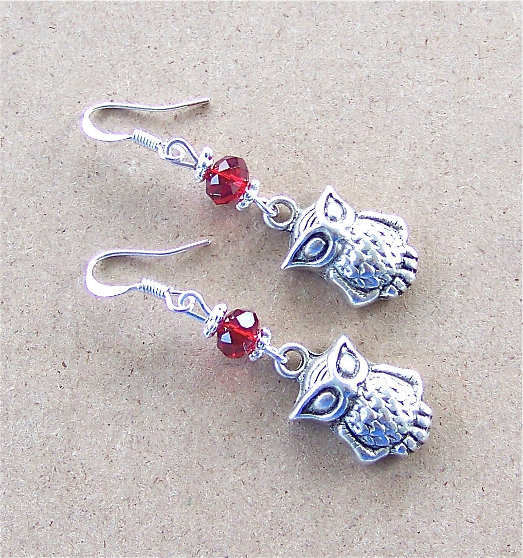 Silver Masquerade Owl Earrings With Red Swarovski Crystal