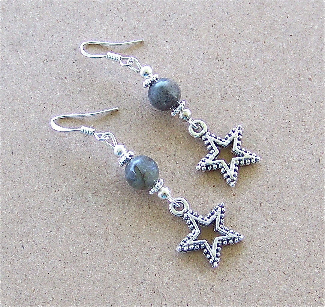Silver Star Earrings With Labradorite Gemstone Beads