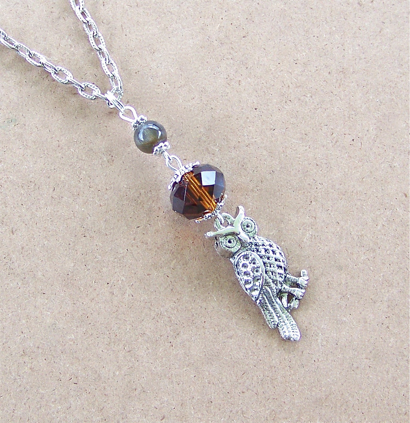 Woodland Owl Silver Pendant Labradorite Gemstone & Crystal Beads