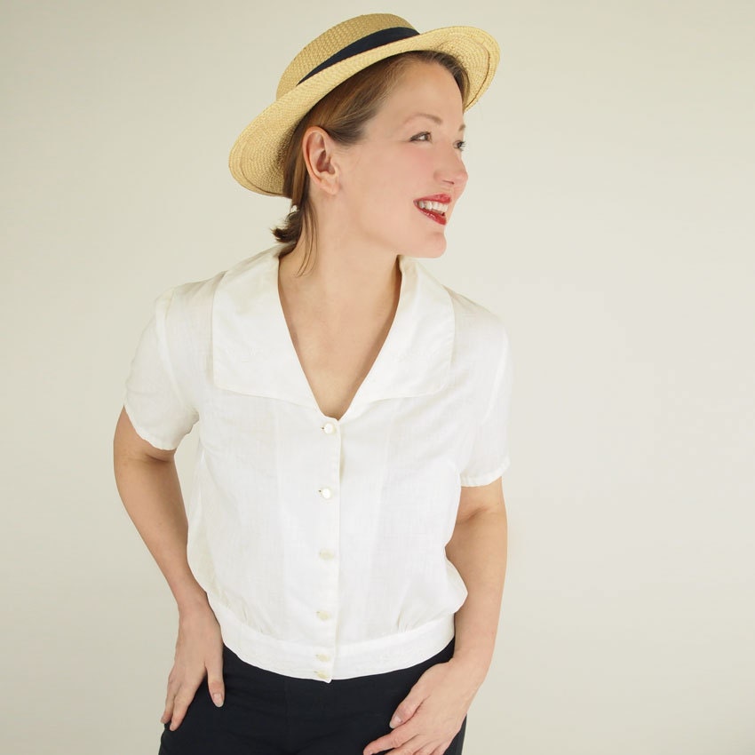 1920s White Cotton Batiste Embroidered Blouse M/L