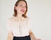 30s Shell Pink Rayon Blouse with Beautiful Lace Trim  L