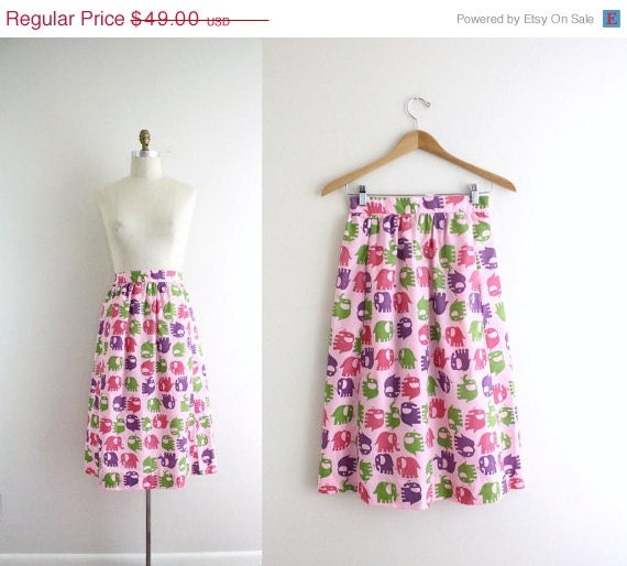 50% off Shop Closing Sale Vintage Elephant Novelty Print Skirt . Green . Purple . Pink . XS