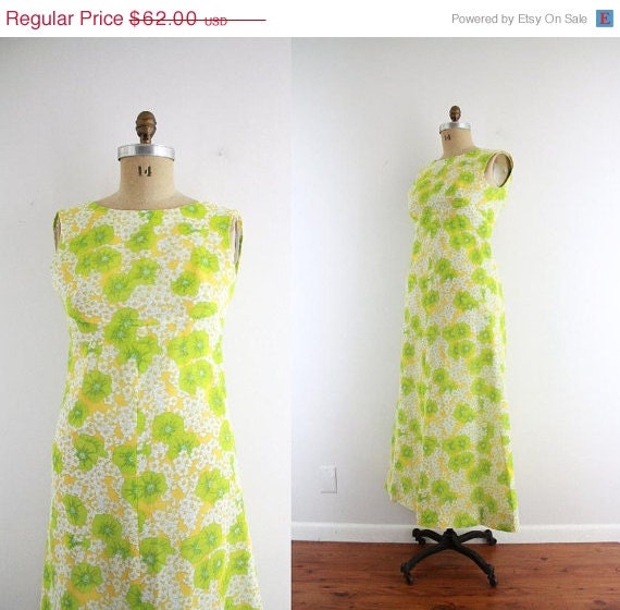 75% Off Last Chance Sale- Vintage Floral Maxi Dress . 70s 1970s . Lemon & Lime . Sundress . Small
