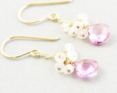 Pink Topaz Dangle Earrings, Moonstone Cluster Earrings, Bridesmaid Gift