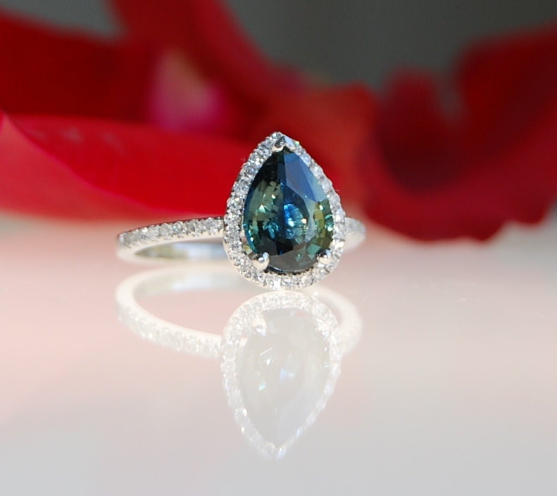 2.1ct pear Peacock green blue color change sapphire diamond ring Platinum 900 engagement ring