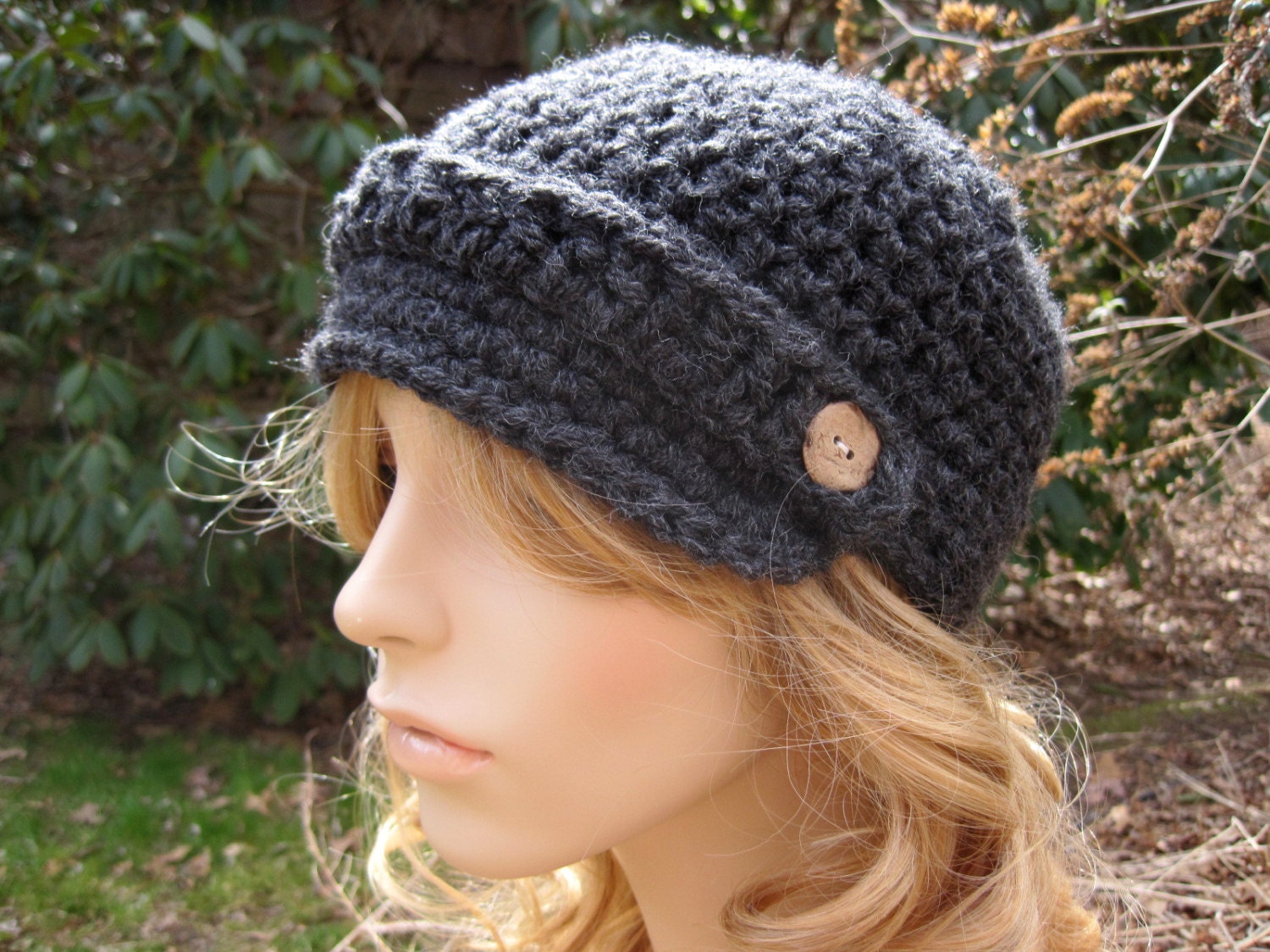 Crochet Hat, Beanie with Visor, Crochet Womens Hat, Spring Fashion, Crochet Newsboy Hat, Womens Newsboy Hat, Chunky Hat, Charcoal Grey