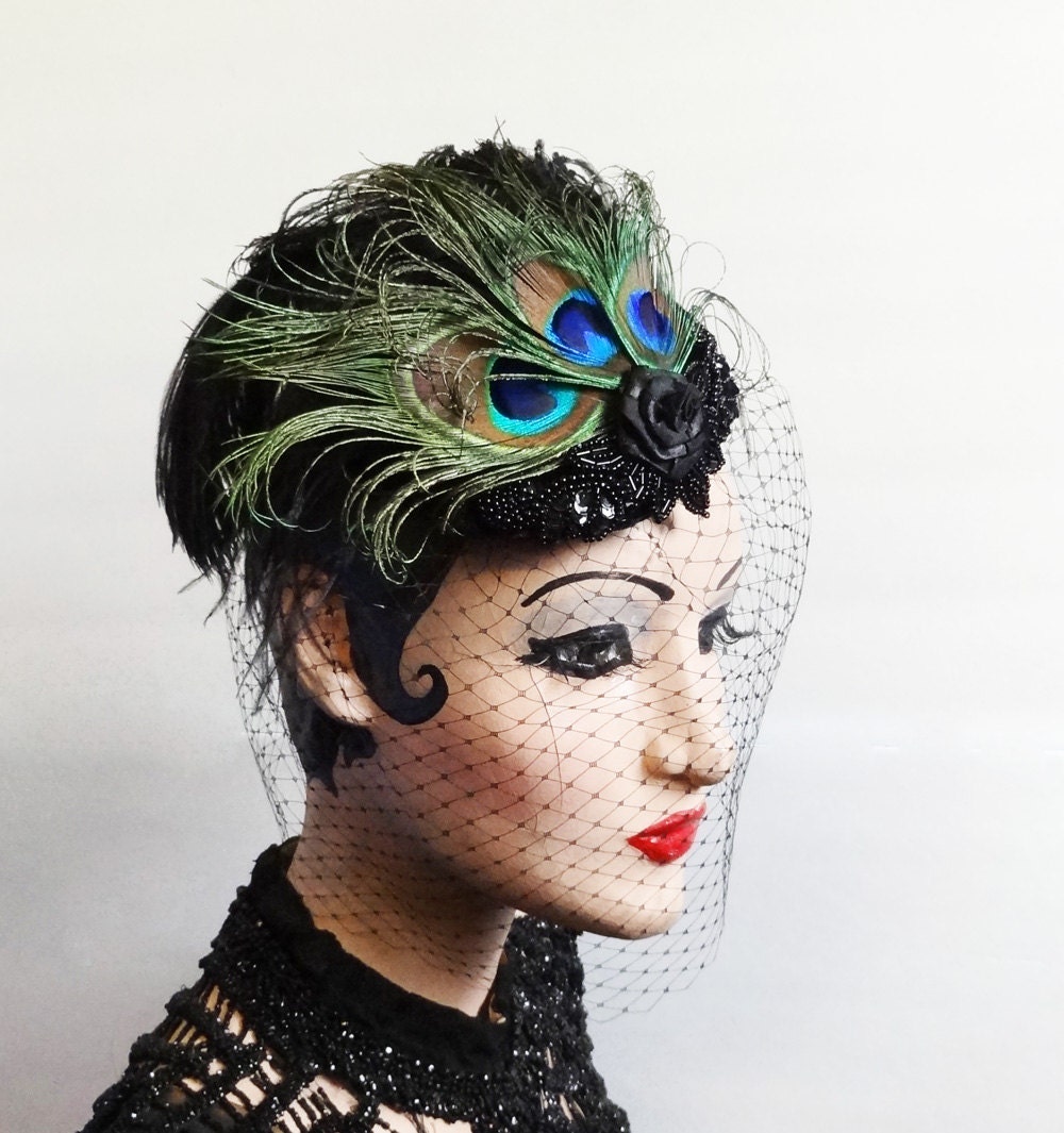Peacock Feather Womens Hat, Feather Fascinator, Black Birdcage Veil, Halloween Bridal, Head Piece, Costume, Batcakes Couture
