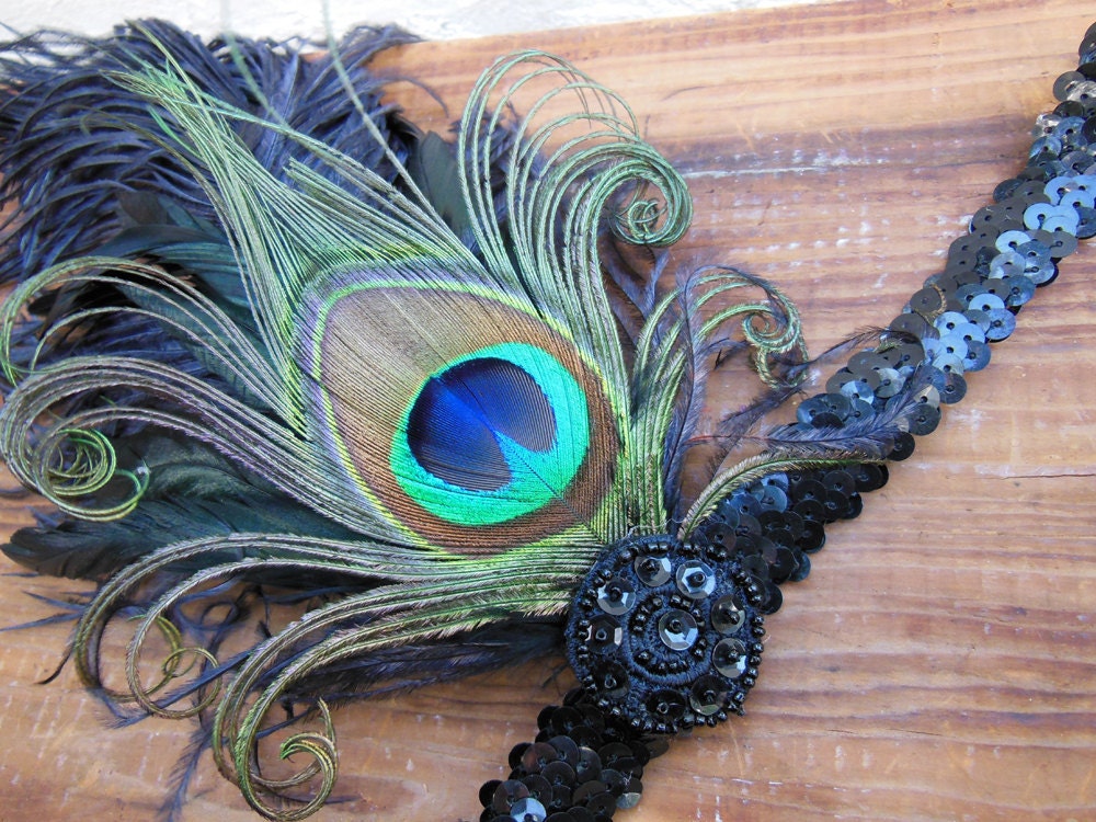 Sequin Flapper Headband, Unique Art Deco Headband,Peacock Feather Fascinator, Head Piece, Batcakes Couture