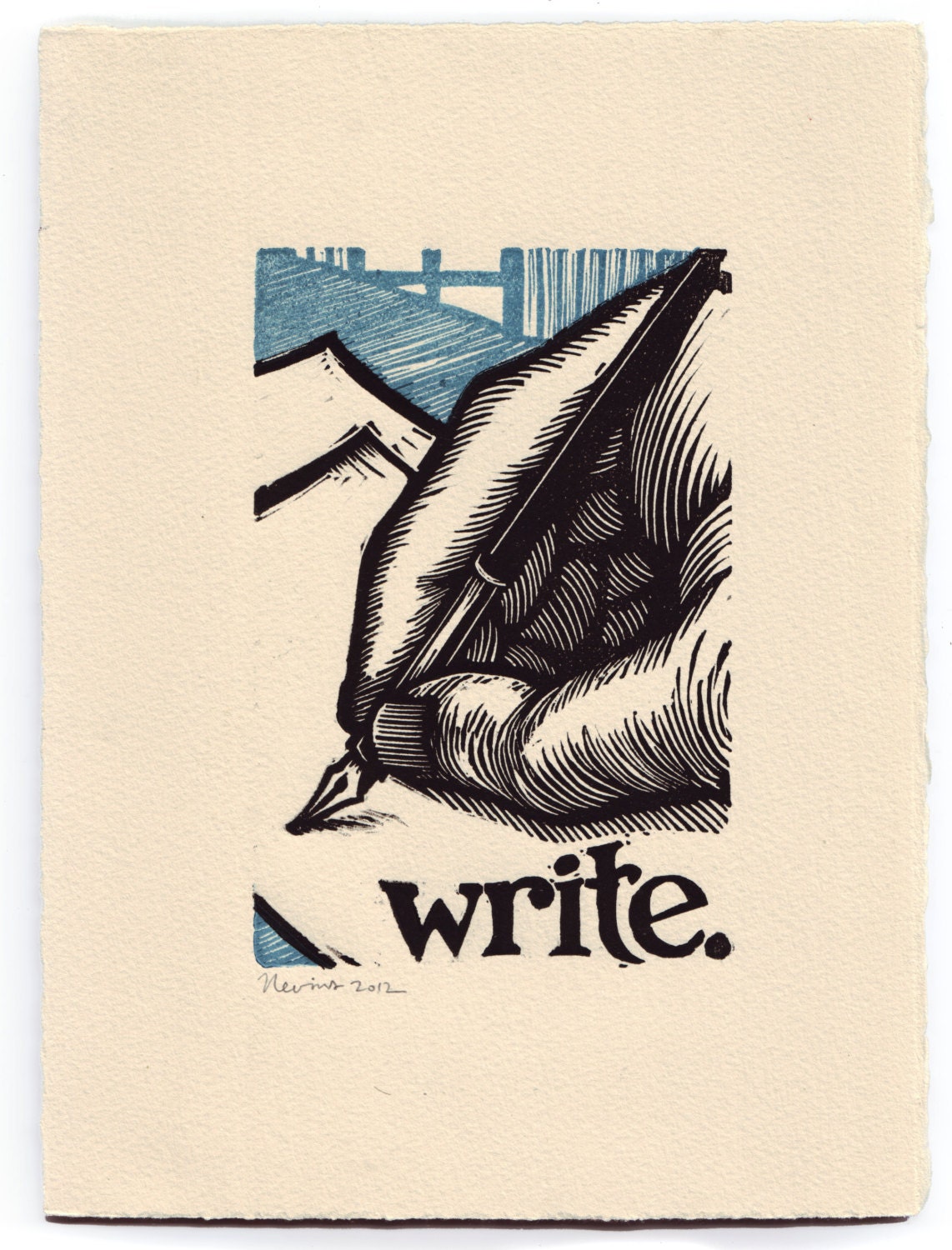 write. A 7.5"x10" block printed meditation on writing.