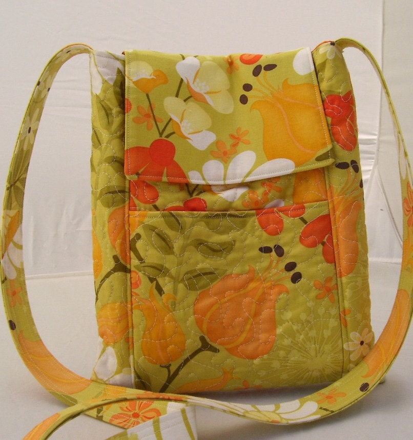 Cross Body Mini Messenger Bag Green Orange Summer Floral