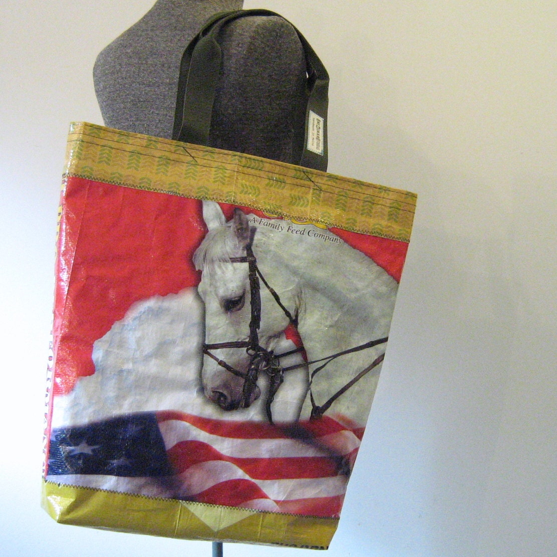 Repurposed Horse Feed Bag Tote, Market Bag, Beach Tote - OneWomanStudio