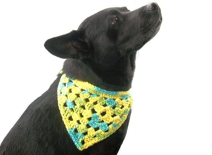 Hand Crochet Granny Square Dog Bandana - Spring Hippie Lace Style -Bright Yellow Green Blue