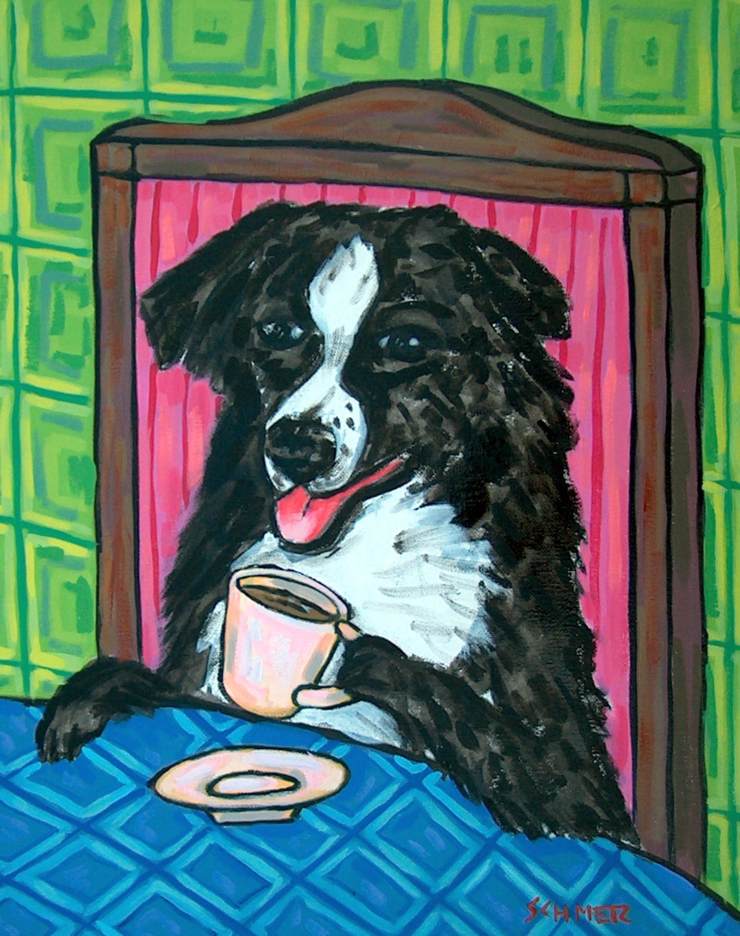 Australian Shepherd at the Coffee Shop Dog Art Print 8x10  JSCHMETZ modern abstract folk pop art gift