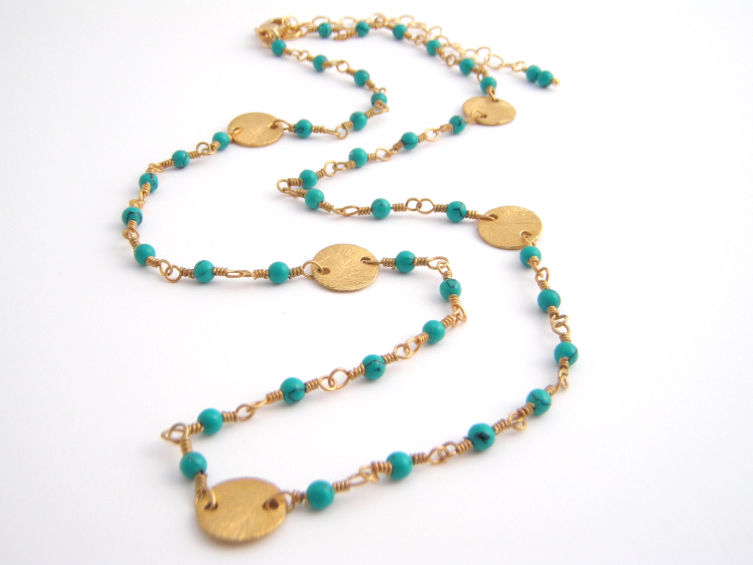 Green Turquoise Rosary Necklace With Gold Vermeil Discs - Wire Wrapped - Teal Green - Gold