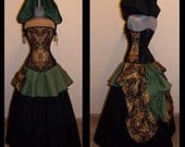 SCANDALOUS TRAVELER w/pouch -  Black, Olive, Burgundy and Khaki Steampunk Full Bustle Gown Costume - Custom - by LoriAnn Costume Designs