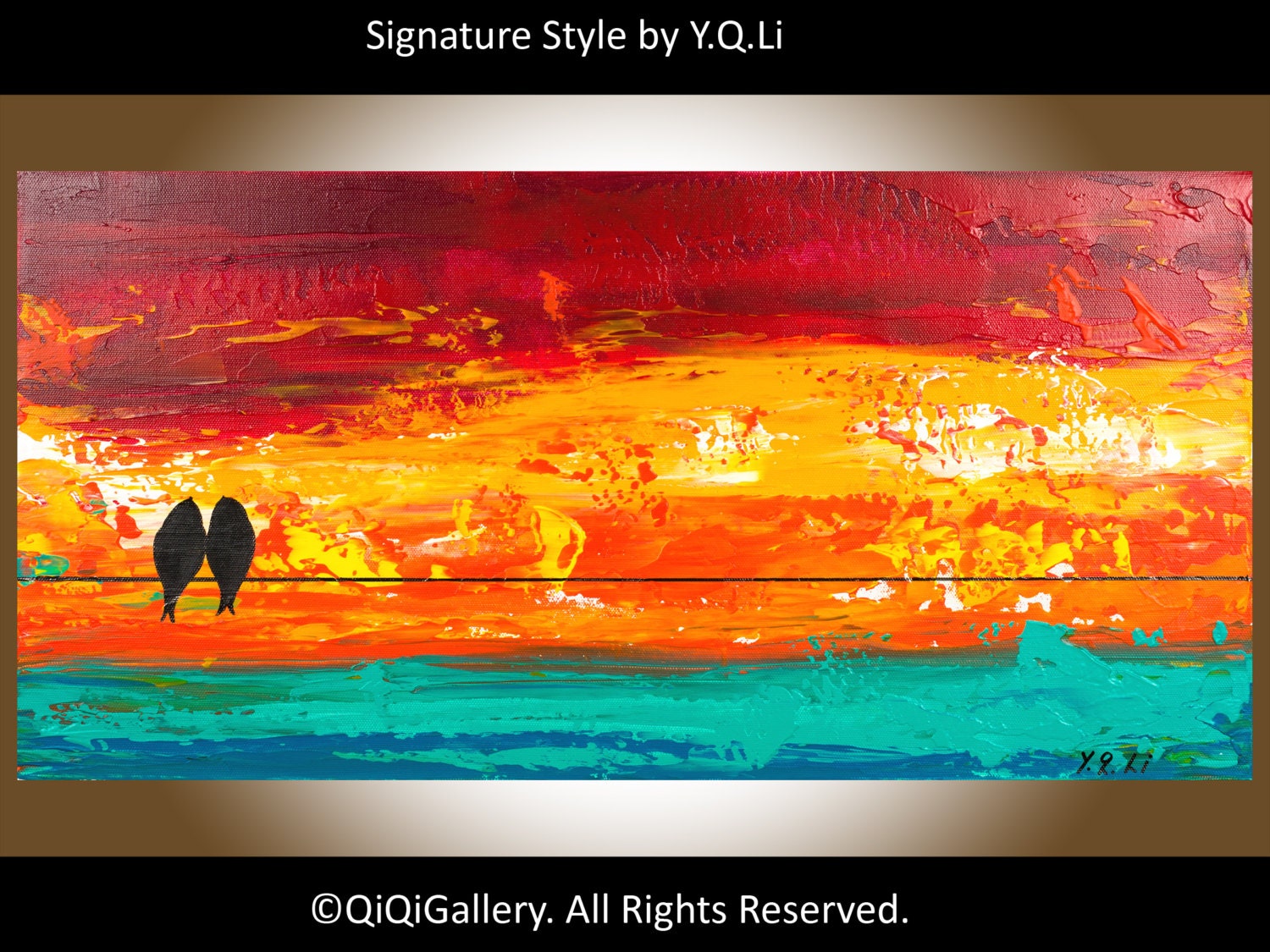 Abstract Landscape Original Love Birds on Wire Painting Heavy Texture Impasto Acrylic Wall Décor "Sunset Love Birds" by QIQIGALLERY