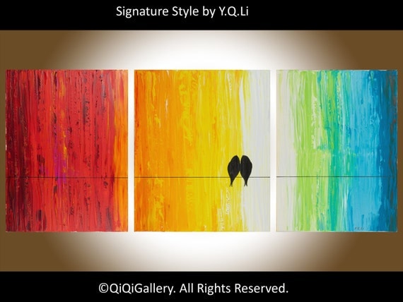 56" Large Contemporary Abstract Painting Original Art Canvas Heavy Texture Rainbow colors Love Birds Painting Wall Decor by QIQIGALLERY