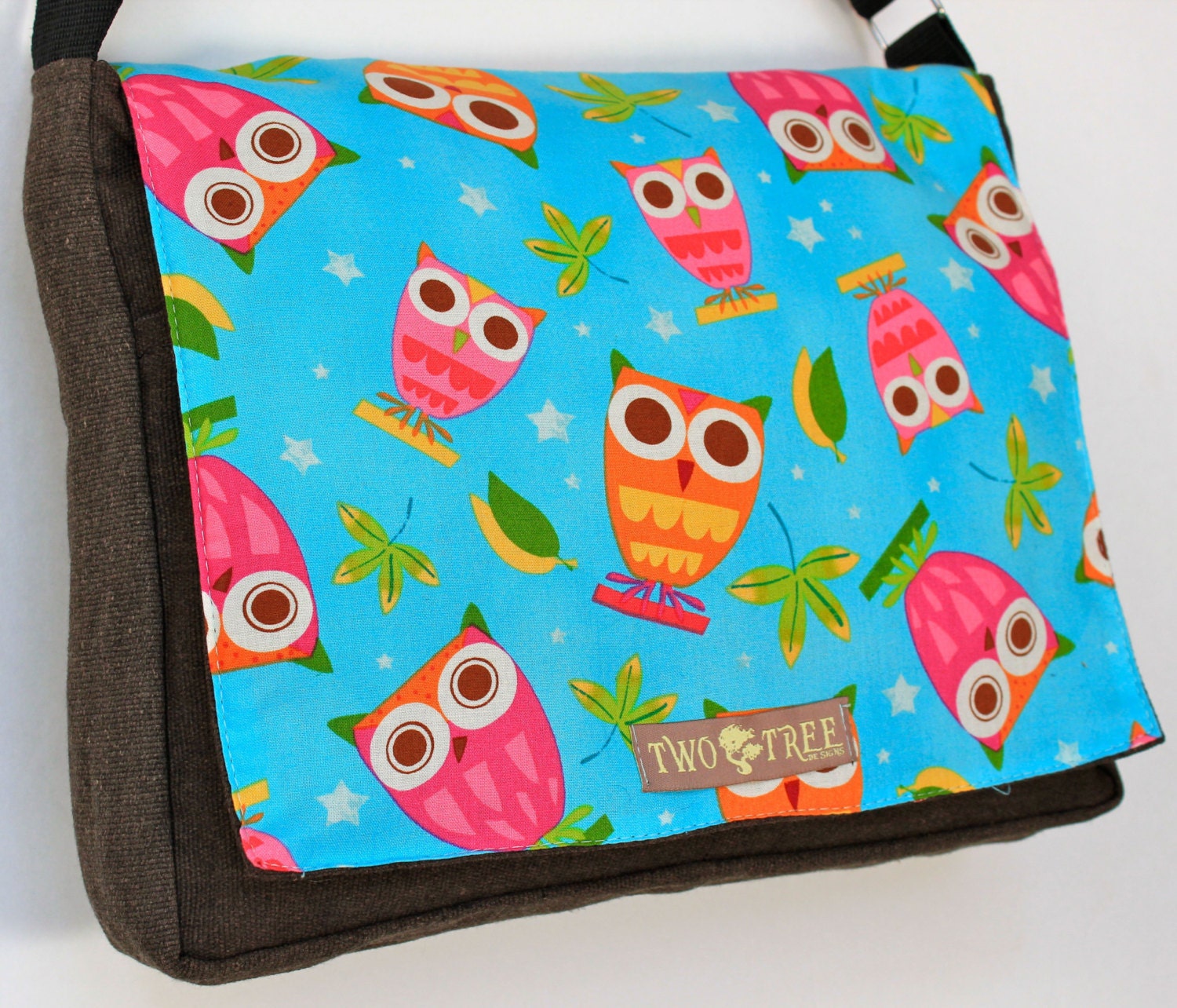 Heather Brown Teal Colorful OWL Print MESSENGER ipad Laptop Diaper BAG