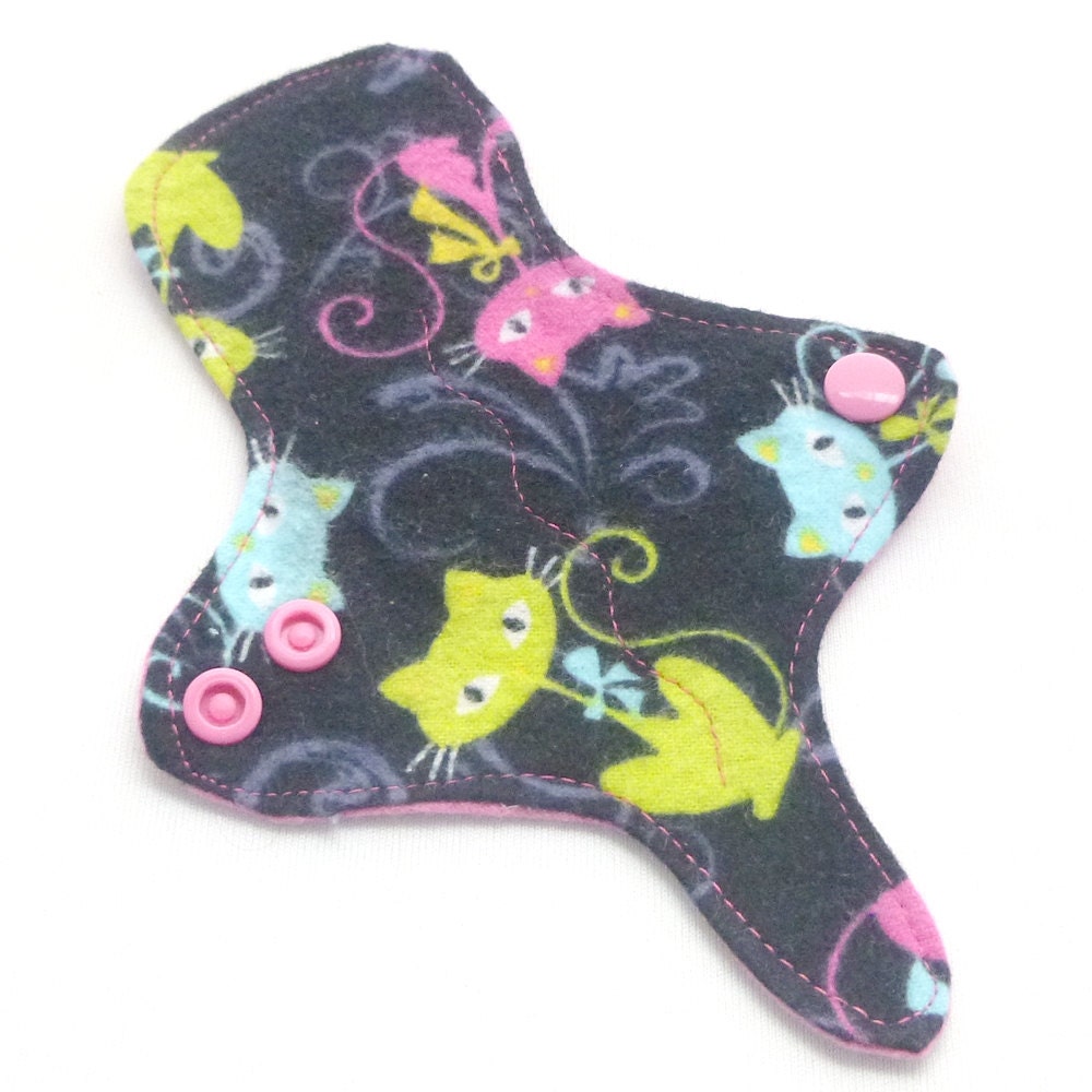 ULTRATHIN Reusable Cloth Pad Adjustable Thong liner in Cotton Flannel Mini Pad with wings - Kitty Cats - Cotton Flannel Top