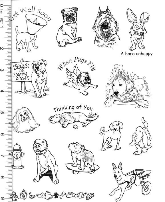 Plate 113 Full Sheet of Dog Rubber Stamp Dies, Pug, Pit Bull, Labrador, Maltese, Bulldog, German Shepherd