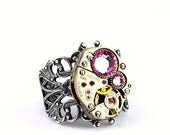 Steampunk Ring - Gorgeous Clockwork Design & Rose Pink Swarovski Crystals - PROMPTLY SHIPPED - Steampunk Jewelry By London Particulars