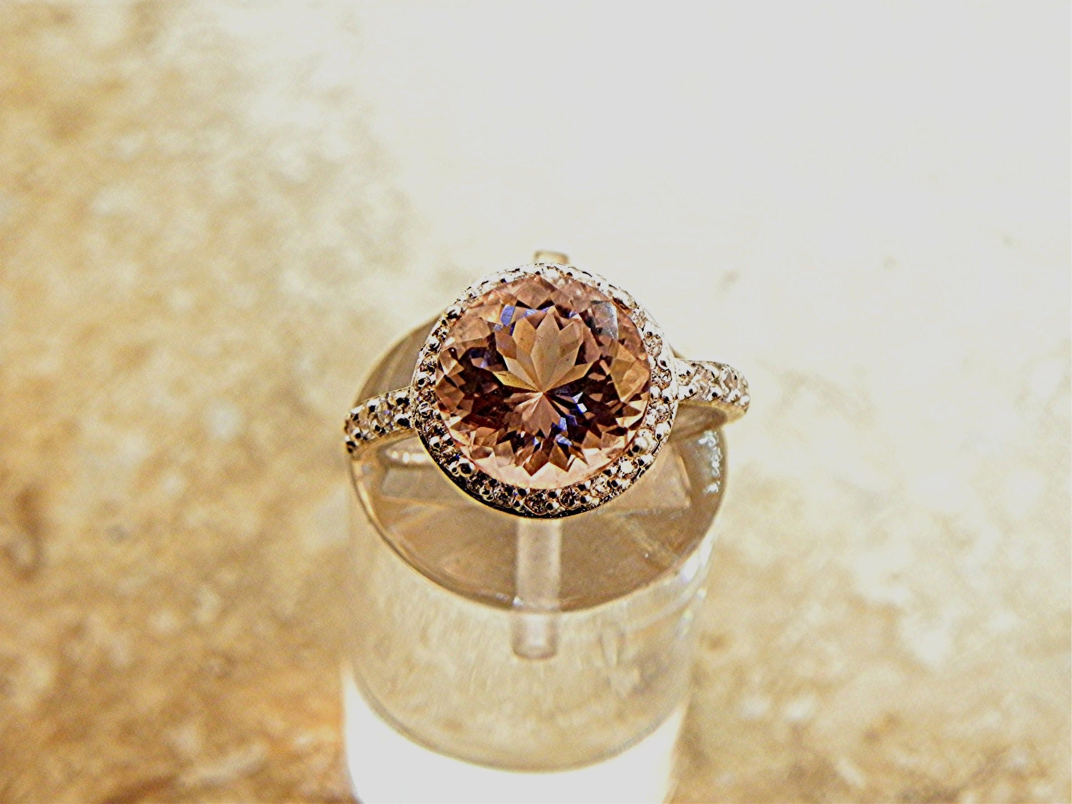 AAAA 10mm Round Natural Untreated Morganite (3.14ct) set in 14K White gold Halo engagement ring with .30 carats of diamonds 1553