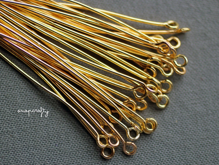 50pc 2 inch gold plated lead-free eyepins, high quality eye pins for jewelry designs