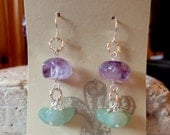 Amethyst and Aventurine Cluster Dangle Earrings on Hypoallergenic Silver Ear Wires