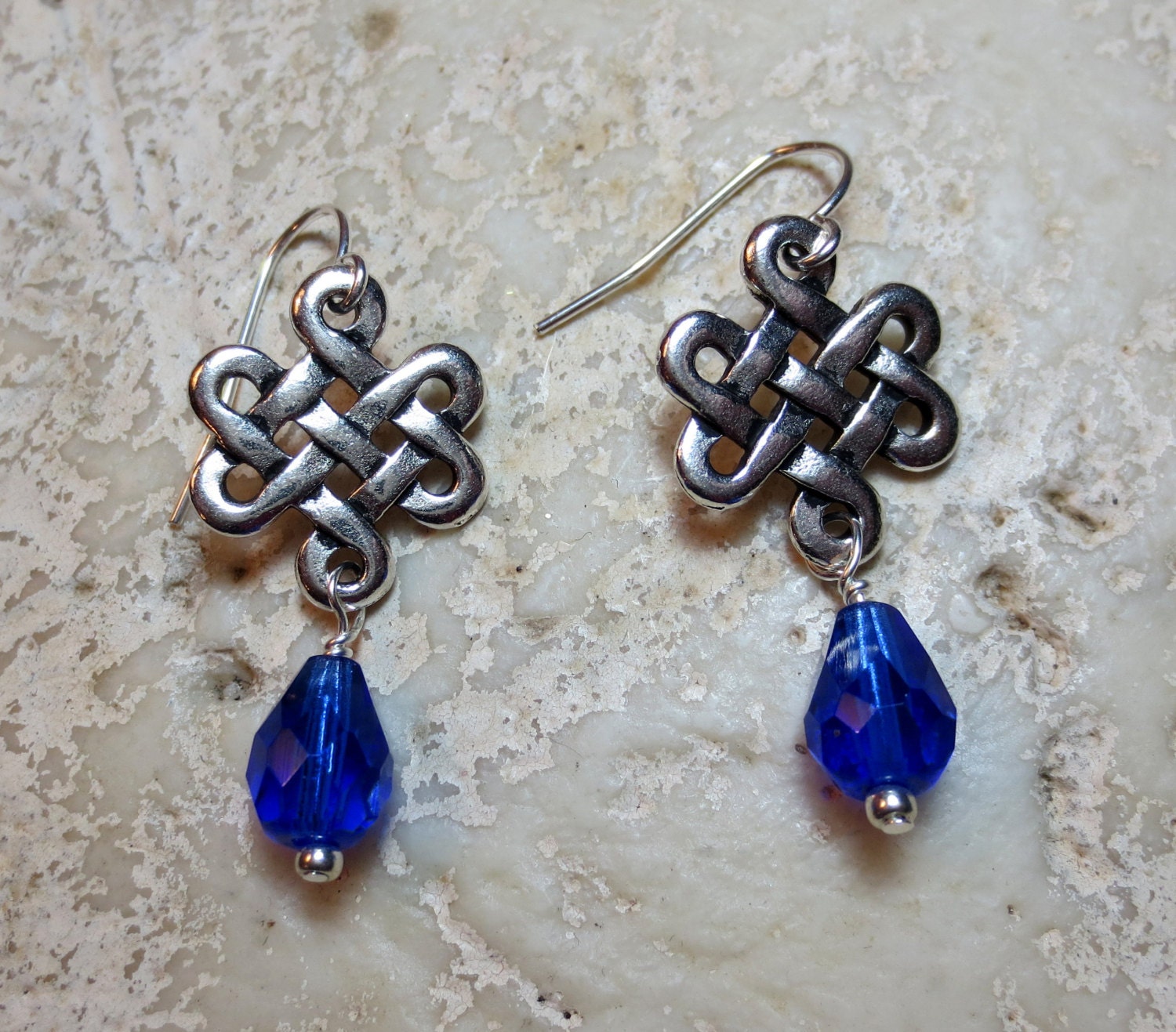 Antiqued Silver Celtic Knot Earrings with Cobalt Blue Teardrop Faceted Crystals