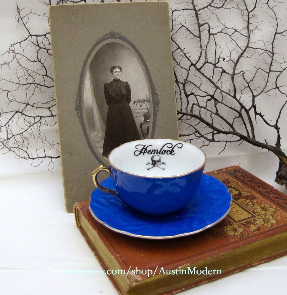 Gothic Hemlock Poison Tea Cup and Saucer Antique Repurposed Porcelain Chase and Scout