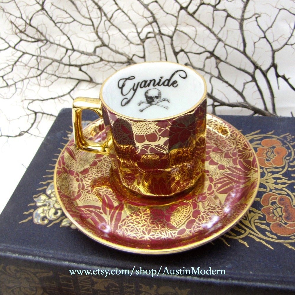 Cyanide Gothic Poison Cup and Saucer Antique altered china Crimson Gold Demitasse Teacup