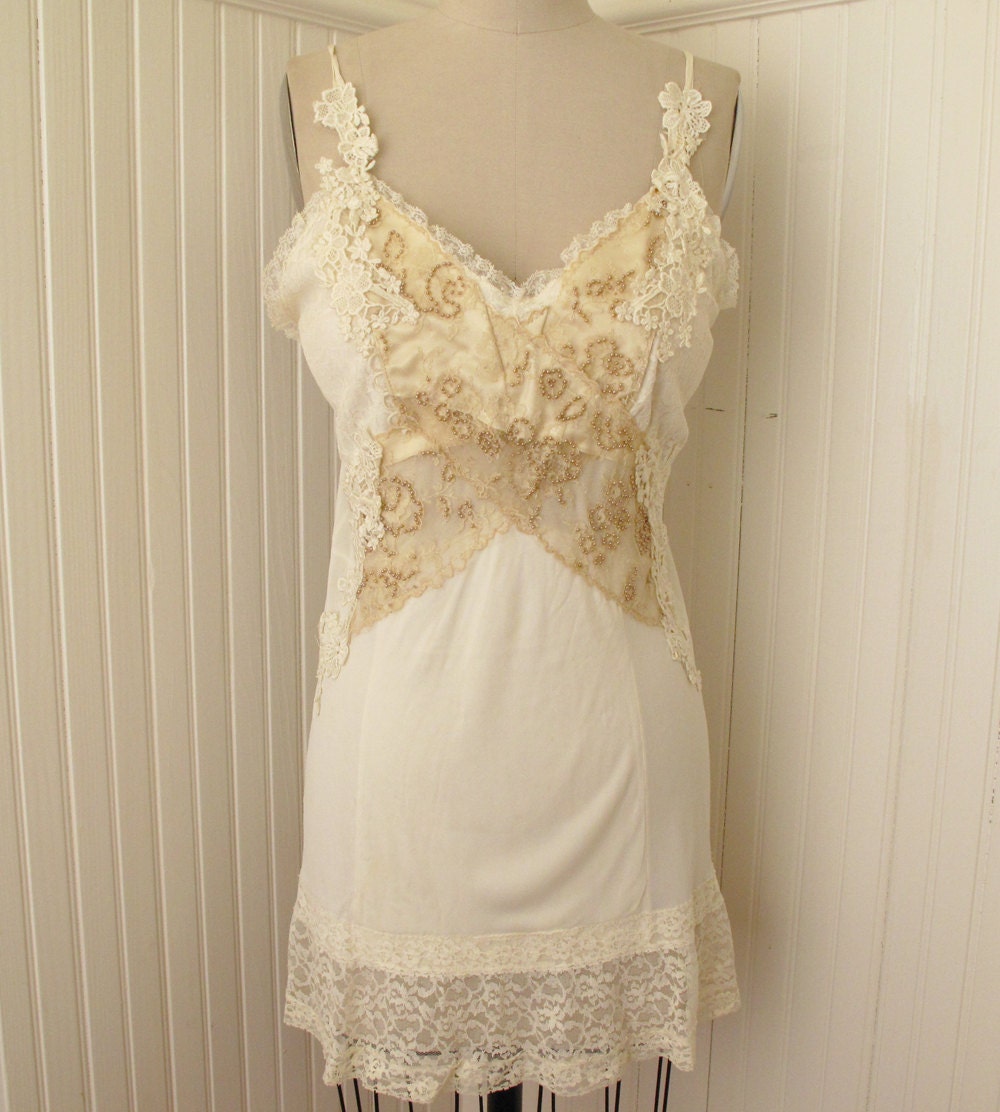 Heaven  -Cream and Champagne Lace Slip top with pearls Womens Slip top
