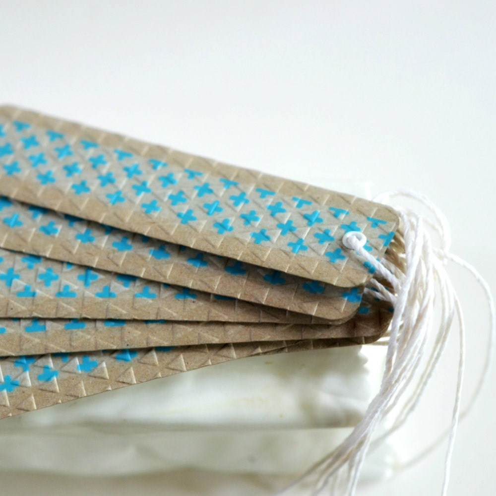6 Embossed Washi Tape Tags Kraft Blue  Easter