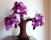 Purple Weeping Willow with a family of owls and cat. Home decor, Felt Tree.