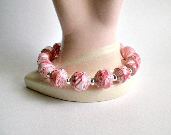 Peachy Pink Plaid, PAPER BEAD Stretch Bracelet - custom sizing, shipping included
